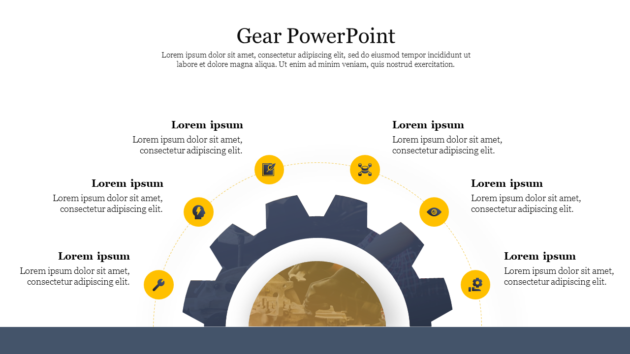 Central gear design with six surrounding icons in yellow circles and connected text elements on a white background.