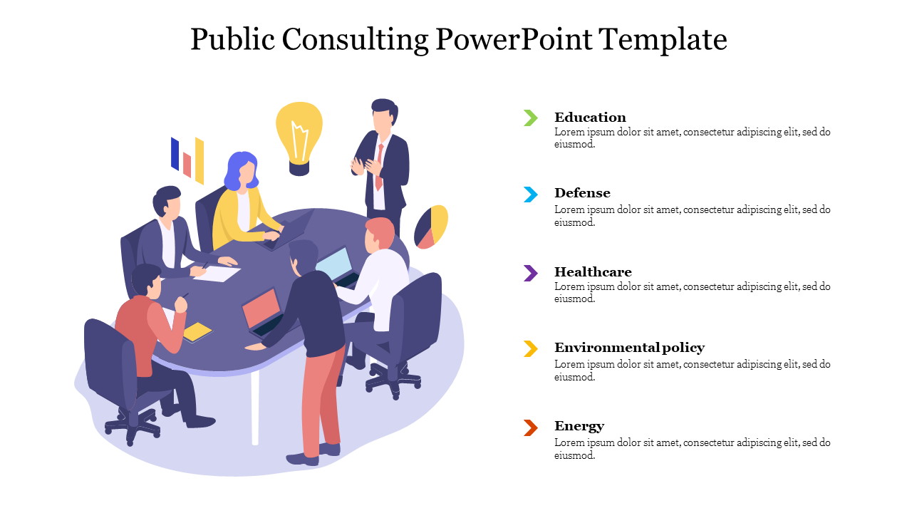 Illustration of professionals discussing around a table, with five consulting categories listed on the right.