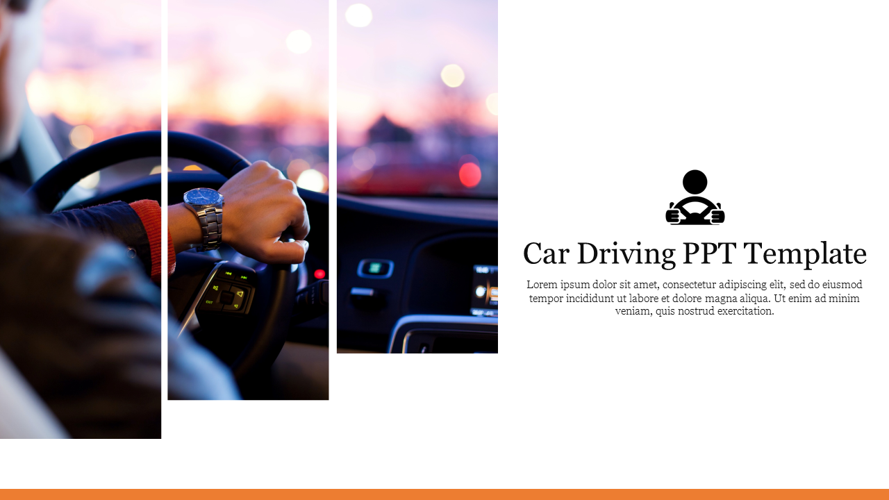 Car driving slide featuring a close up of a driver’s hand on the steering wheel during sunset with placeholder text.