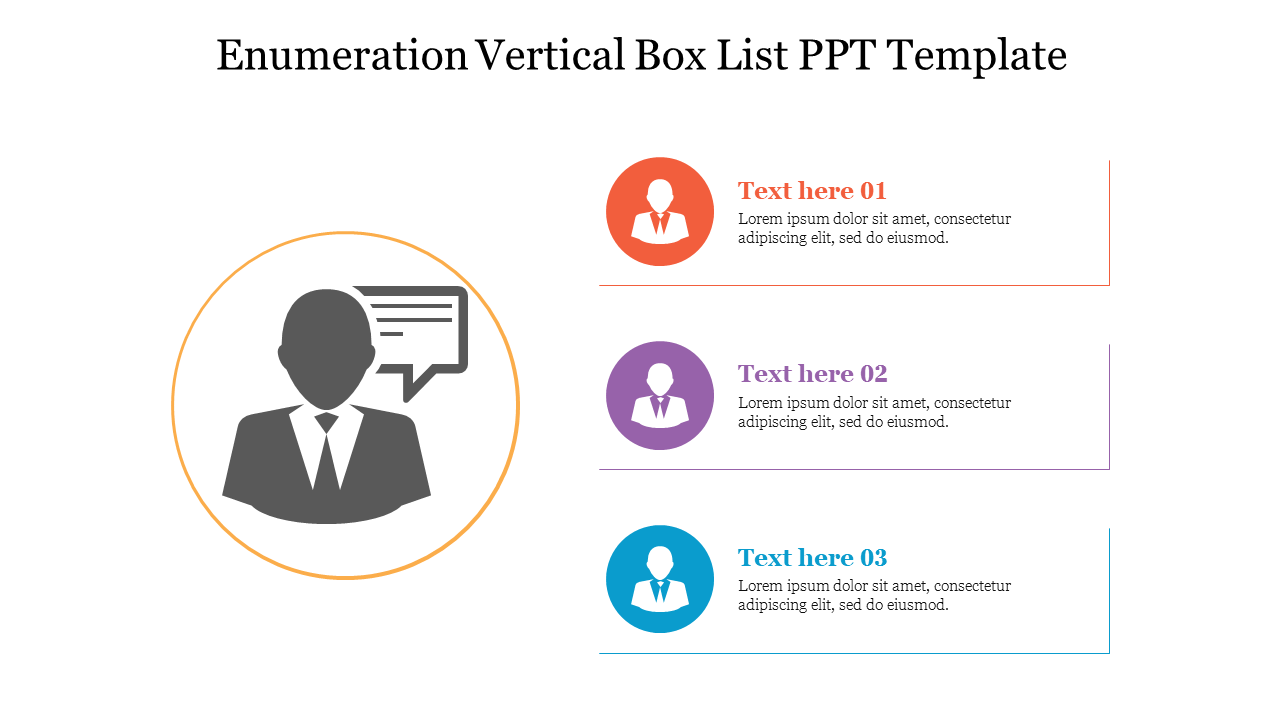 Enumeration vertical box list template with three numbered boxes with icons and placeholder text.