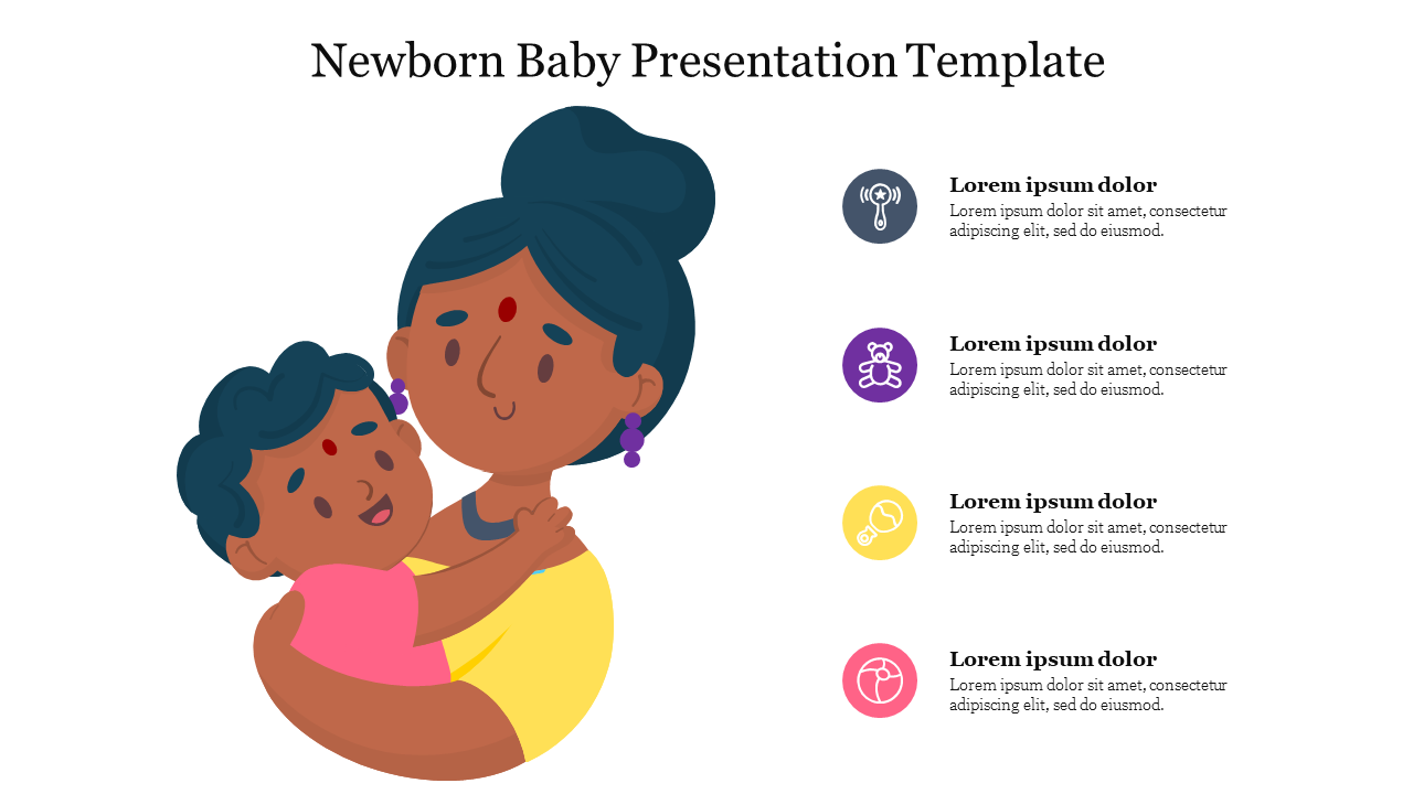 Illustration of a mother holding a baby, with four circular icons in different colors and descriptions aligned on the right.