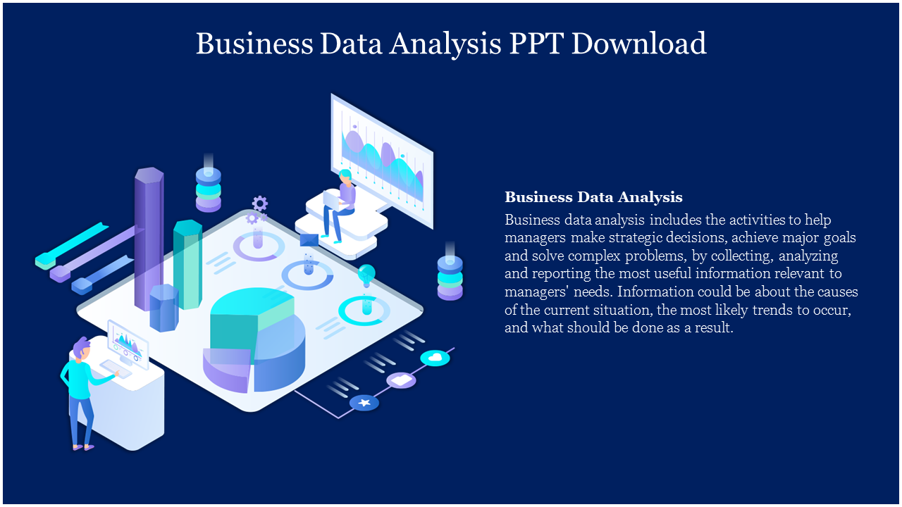 Business data analysis slide with a 3D illustration of data charts and graphs on a computer screen on a blue backdrop.