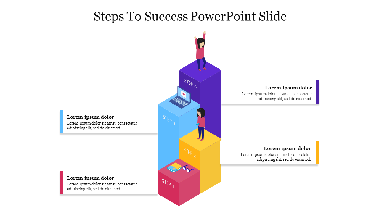 Illustration of four ascending blocks in red, yellow, blue, and purple, with figures, laptop and text areas on either side.