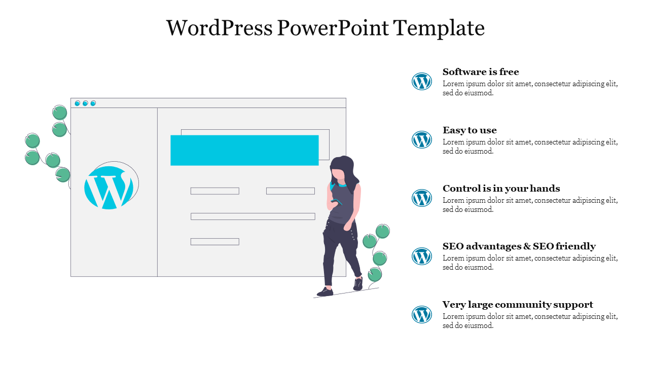 Graphic of a person next to a large  screen, with five key benefits of WordPress listed on the right,