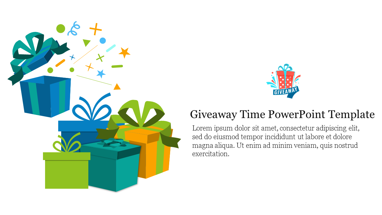 Giveaway time slide featuring colorful gift boxes and celebratory elements like stars and confetti with placeholder text.