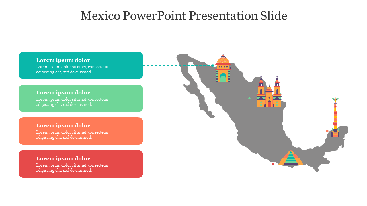 Map of Mexico with four colored text boxes on the left connected to icons representing landmarks on the map.