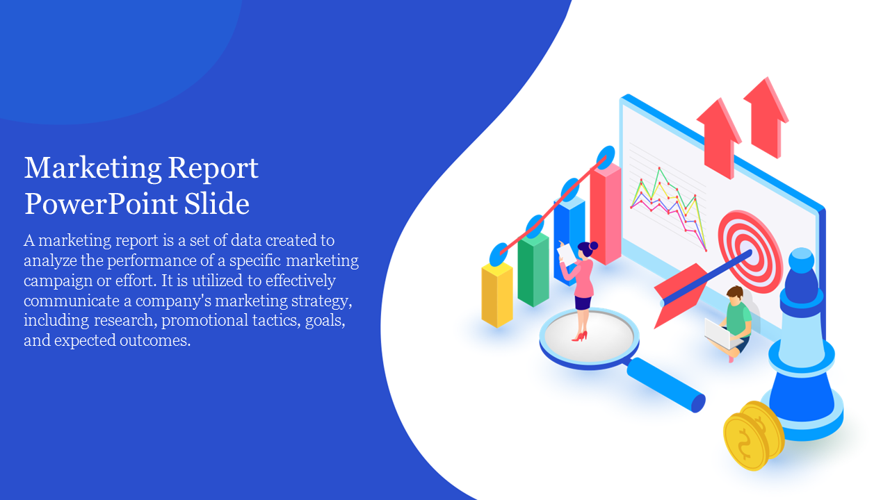 Colorful marketing report slide featuring data analysis, charts, and strategy visuals with placeholder text on a blue theme.