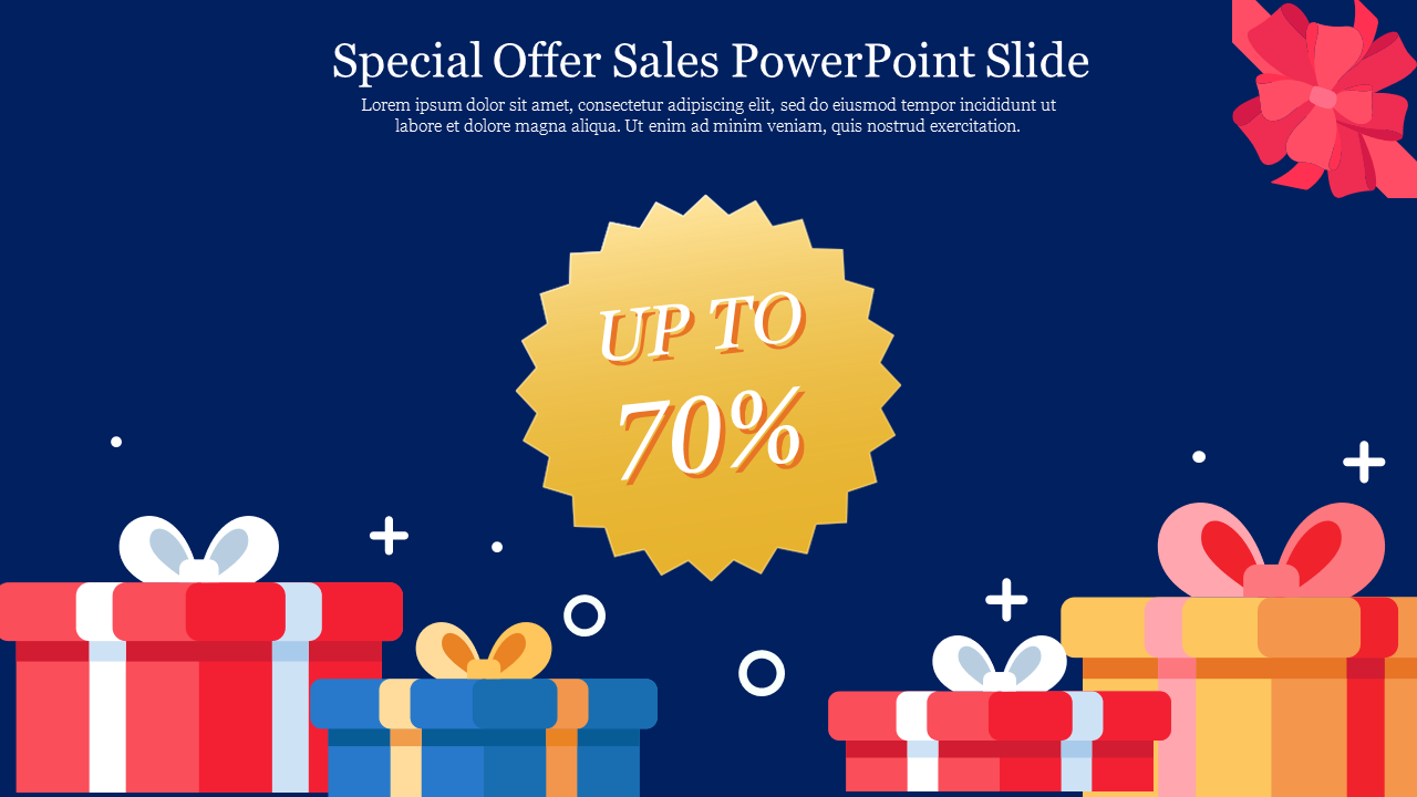 Dark blue slide with a gold discount badge surrounded by colorful gift boxes, promoting a special offer.