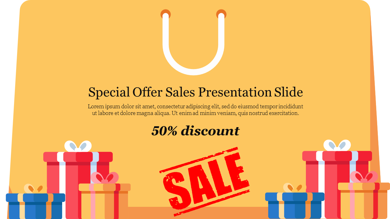 Special offer sales presentation slide, highlighting a discount with gifts and a sale tag on a vibrant yellow background.