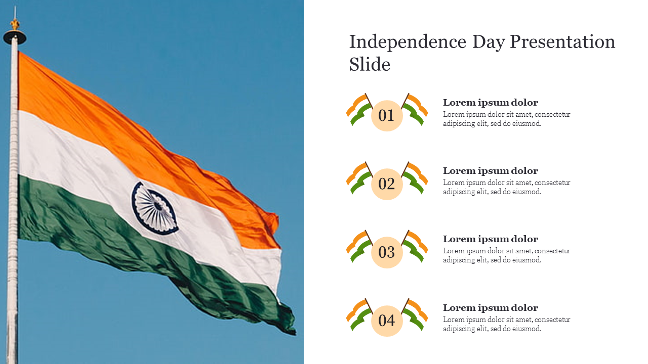 Independence day slide featuring the Indian flag on the left and numbered points with flag icons on the right.