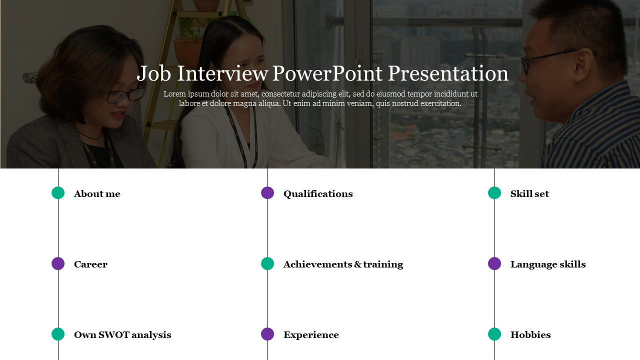 Job interview template with timeline-style sections for personal and professional details.