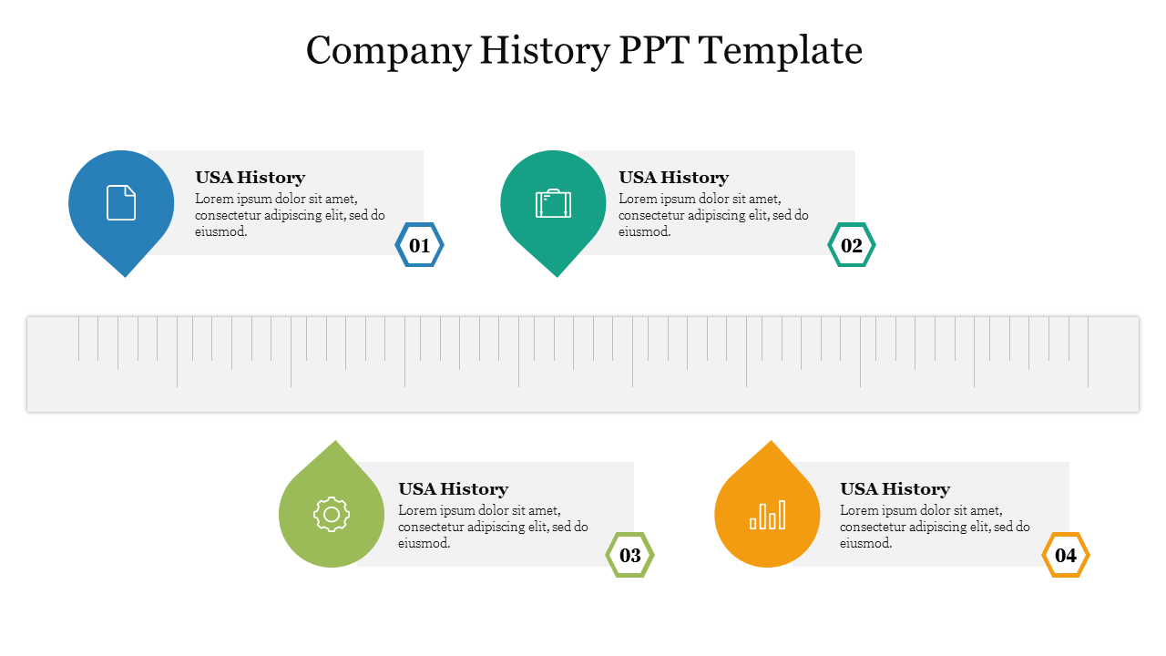 Company history timeline slide with four milestones marked by colorful location pins and text boxes.