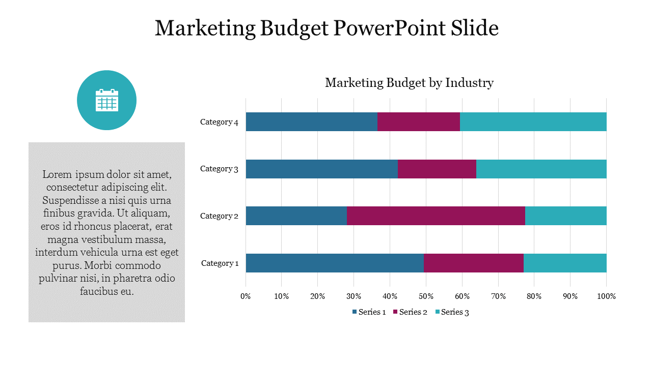 Horizontal bar chart in blue, maroon, and teal representing marketing budget categories, with text and icon on the left.