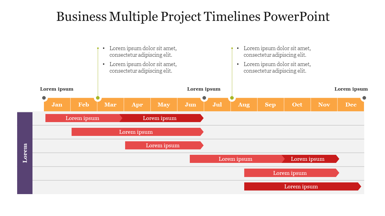 Business multiple project slide featuring a horizontal timeline from January to December with colored project phases.