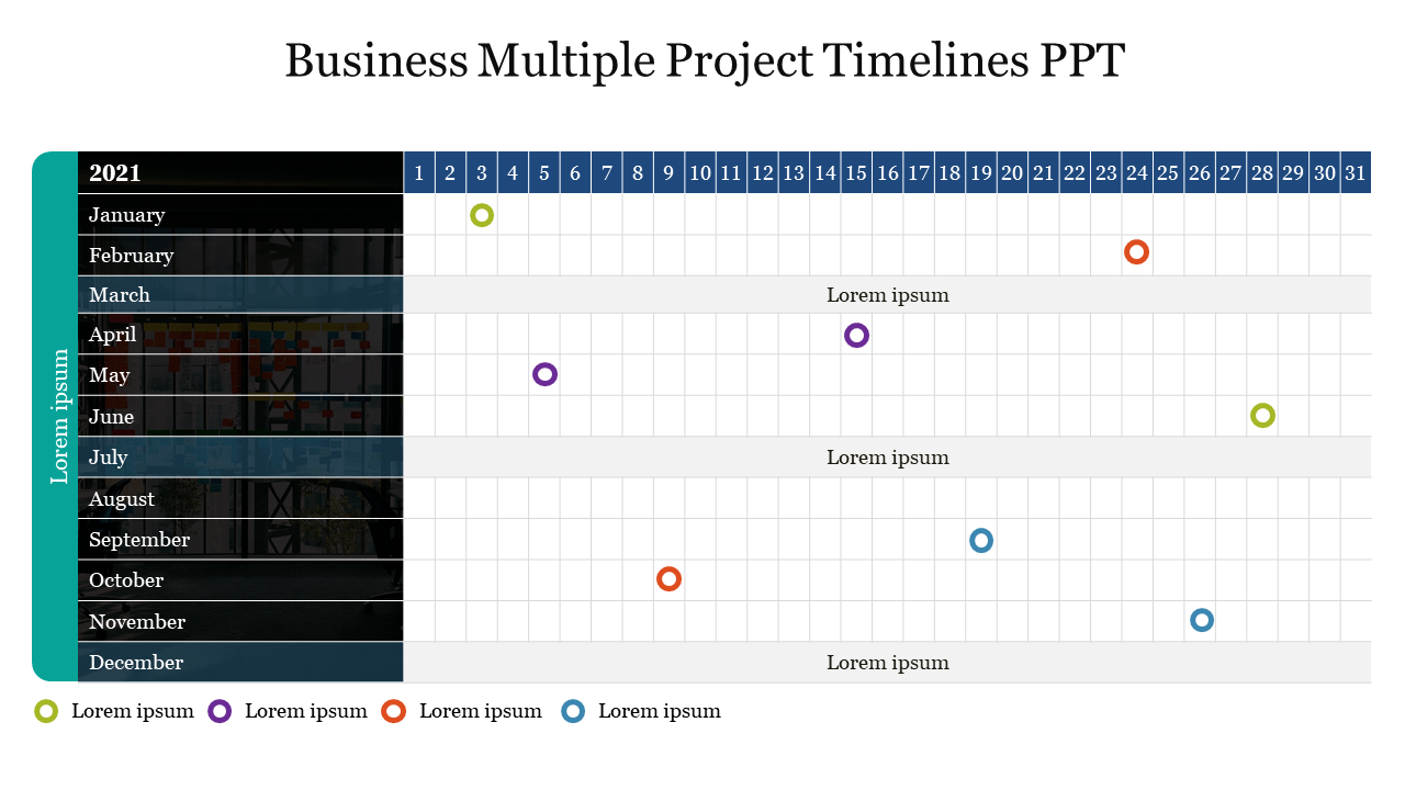 Business multiple project timeline PowerPoint slide with a calendar and color coded project markers with placeholder text.