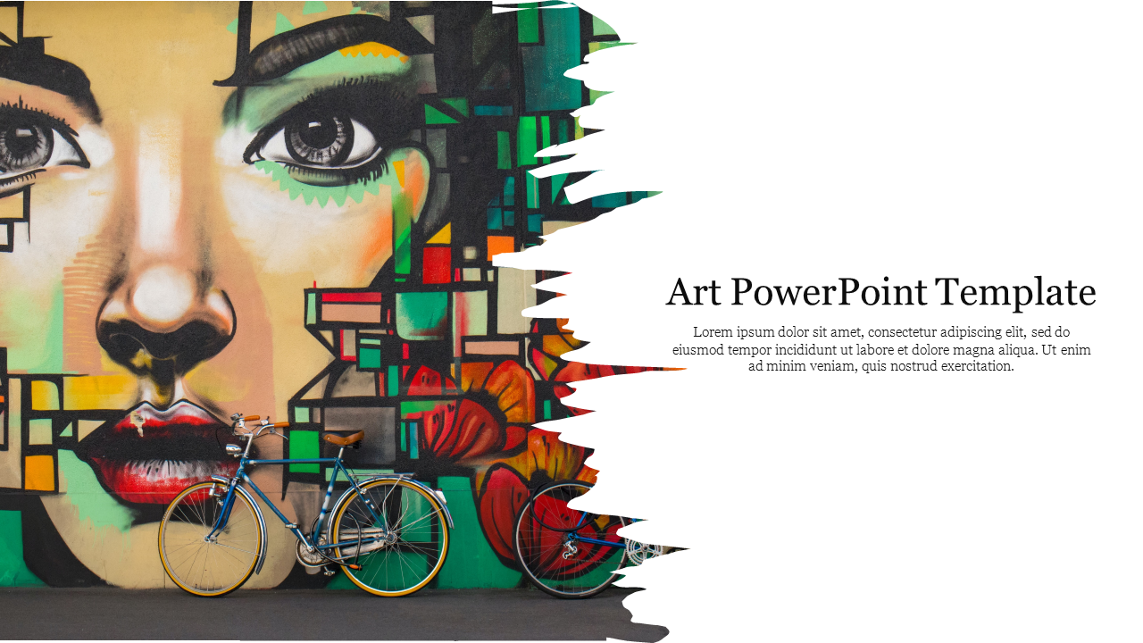 Colorful street art of a woman's face with a bicycle in front with a text area.