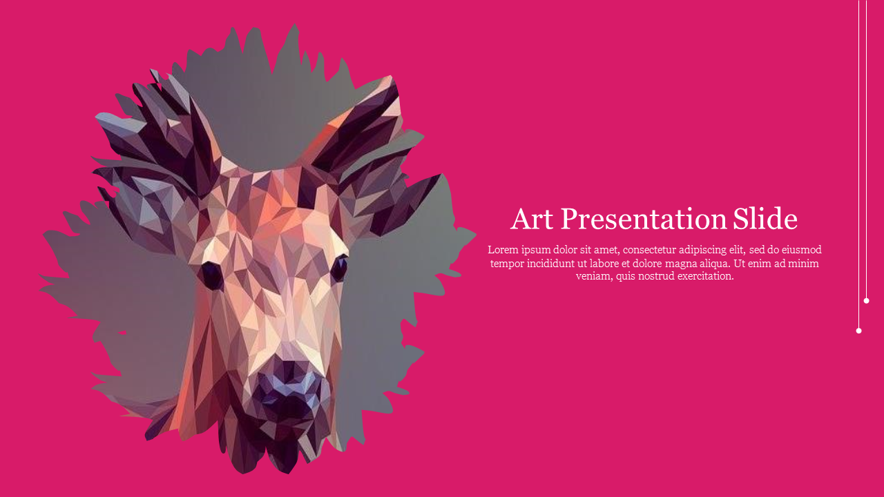 Polygonal deer illustration in shades of brown and beige, set against a vibrant pink background, with title.