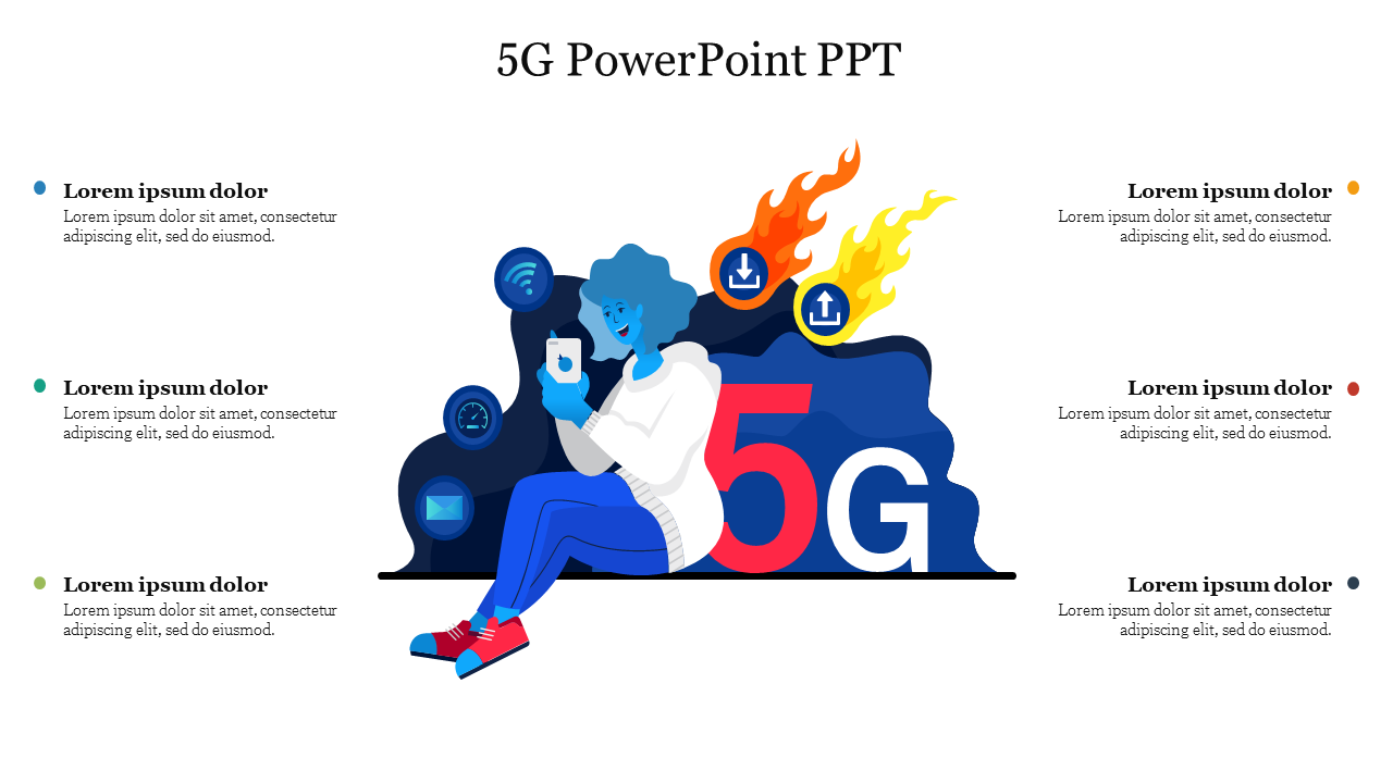 Colorful 5G PowerPoint slide with a person using a phone surrounded by technology icons with placeholder text.