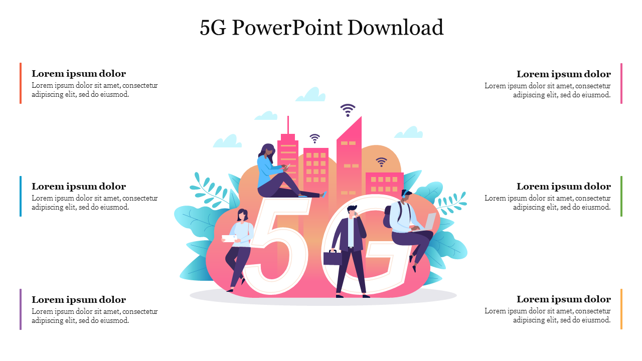 Illustration of 5G with people using devices, surrounded by buildings and icons, and  placeholders text on a white backdrop.