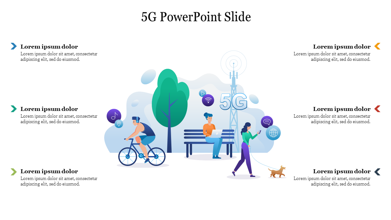 5G PowerPoint slide showing people using technology outdoors, with icons representing connectivity features.