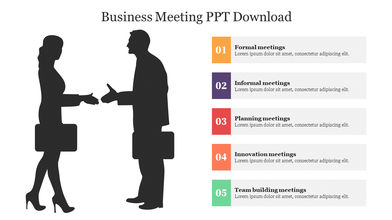 Silhouette of a man and woman shaking hands, with five colorful numbered labels outlining types of business meetings.