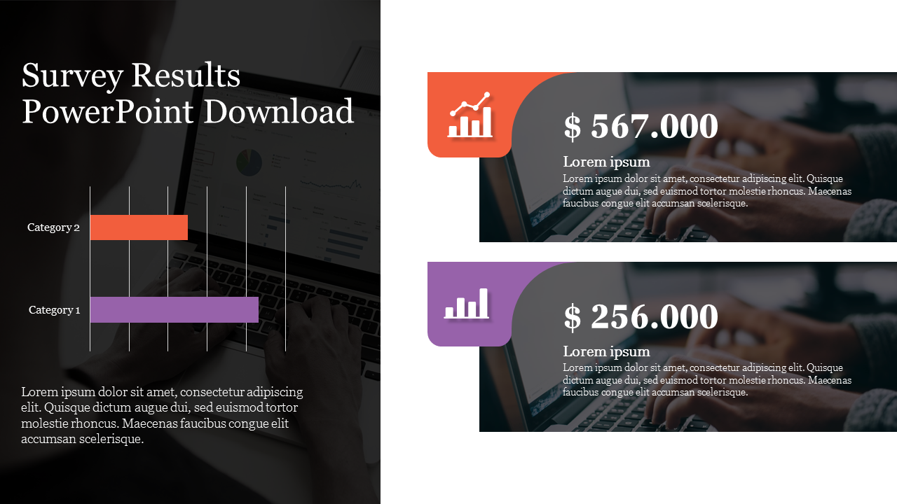 A PPT slide showing survey results with bar graphs and financial data on a laptop screen with placeholder text.