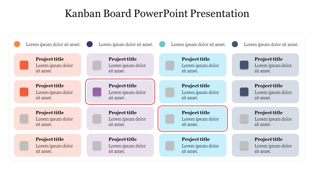 A Kanban board layout with multiple colored cards in rows and columns, each representing different project titles.