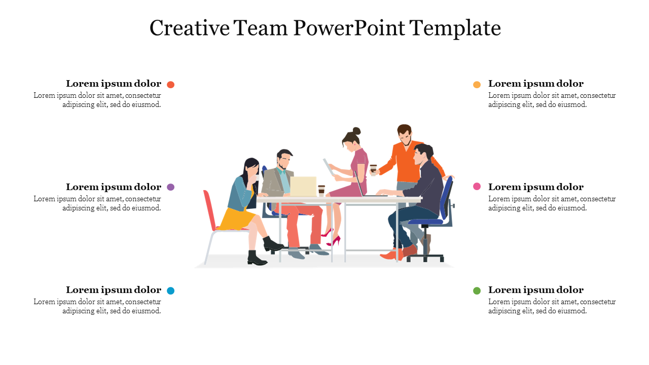 Creative team slide featuring a group of people collaborating around a table, with six colored dots and captions.