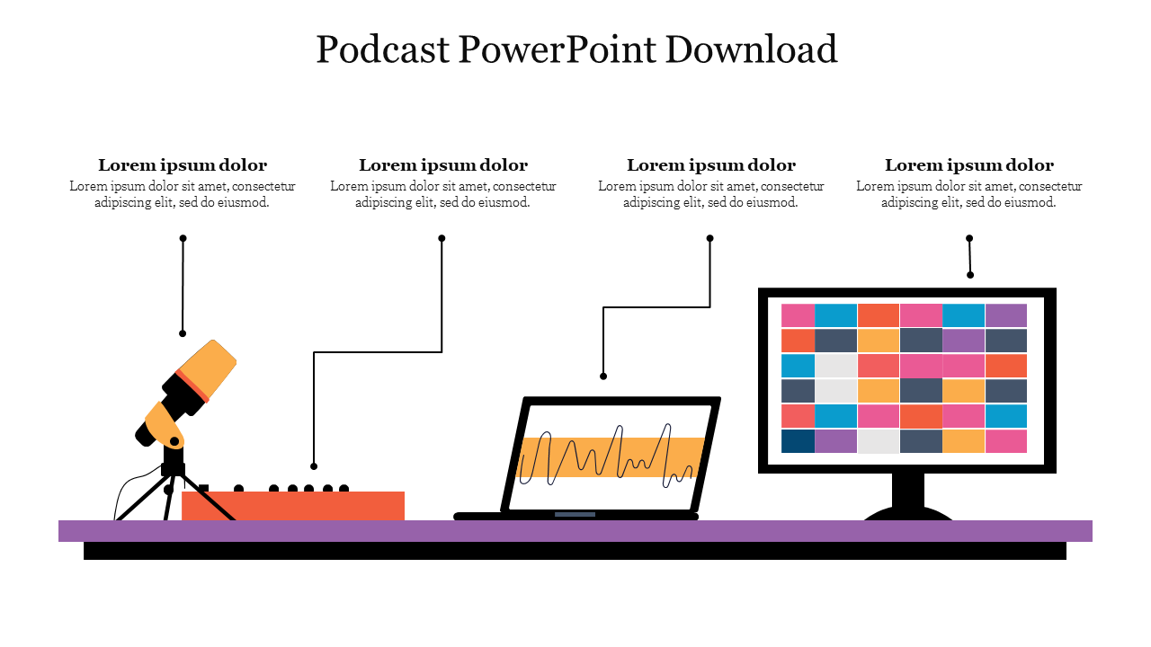 Illustration of podcast setup with a microphone, soundboard, laptop, and monitor, with placeholder text.