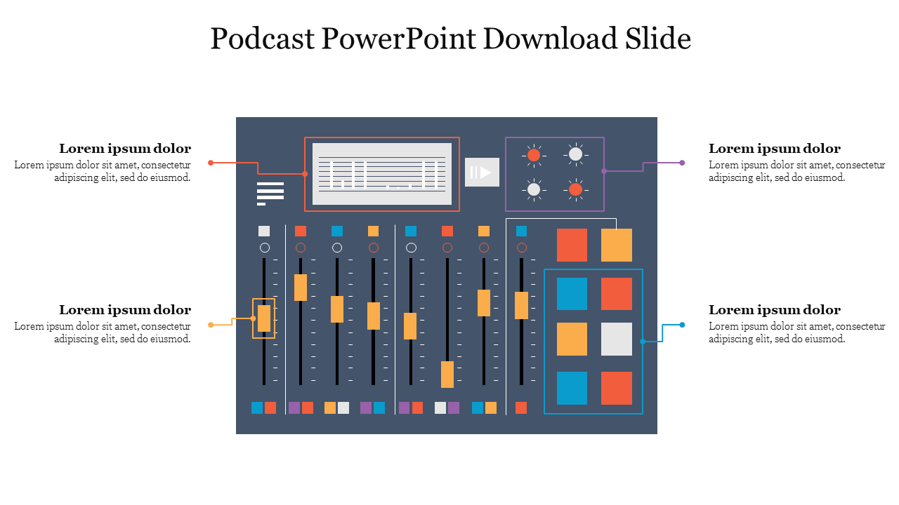 Podcast PowerPoint slide featuring an audio mixing console with text placeholders.