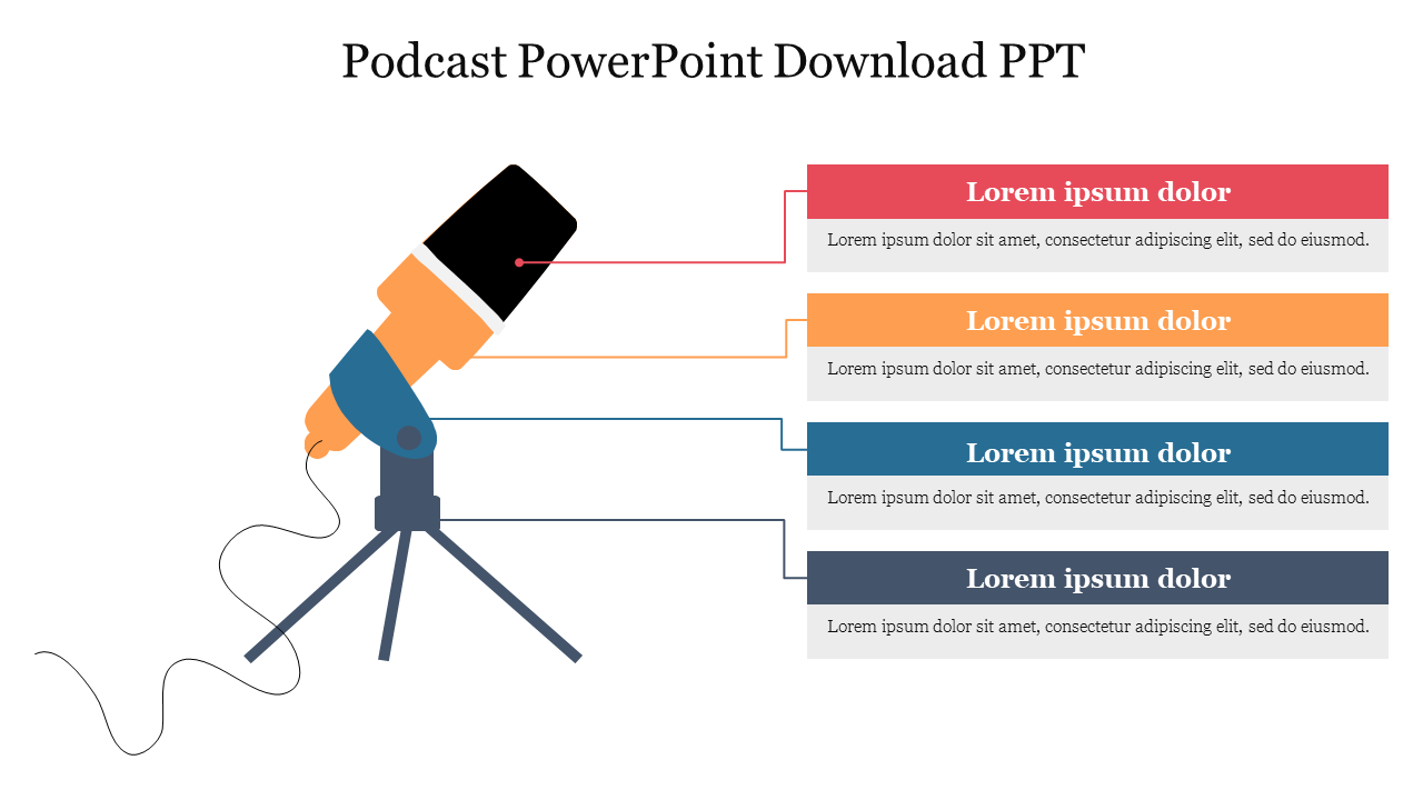 Illustration of a microphone on a stand with four colored text boxes in red, orange, blue, and gray to the right.