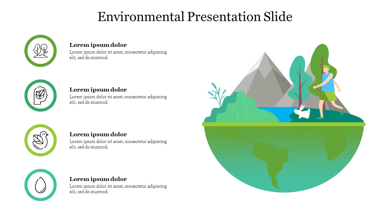 Environmental slide featuring a globe landscape with mountains, trees, a hiker, each icons placed with a captions areas.