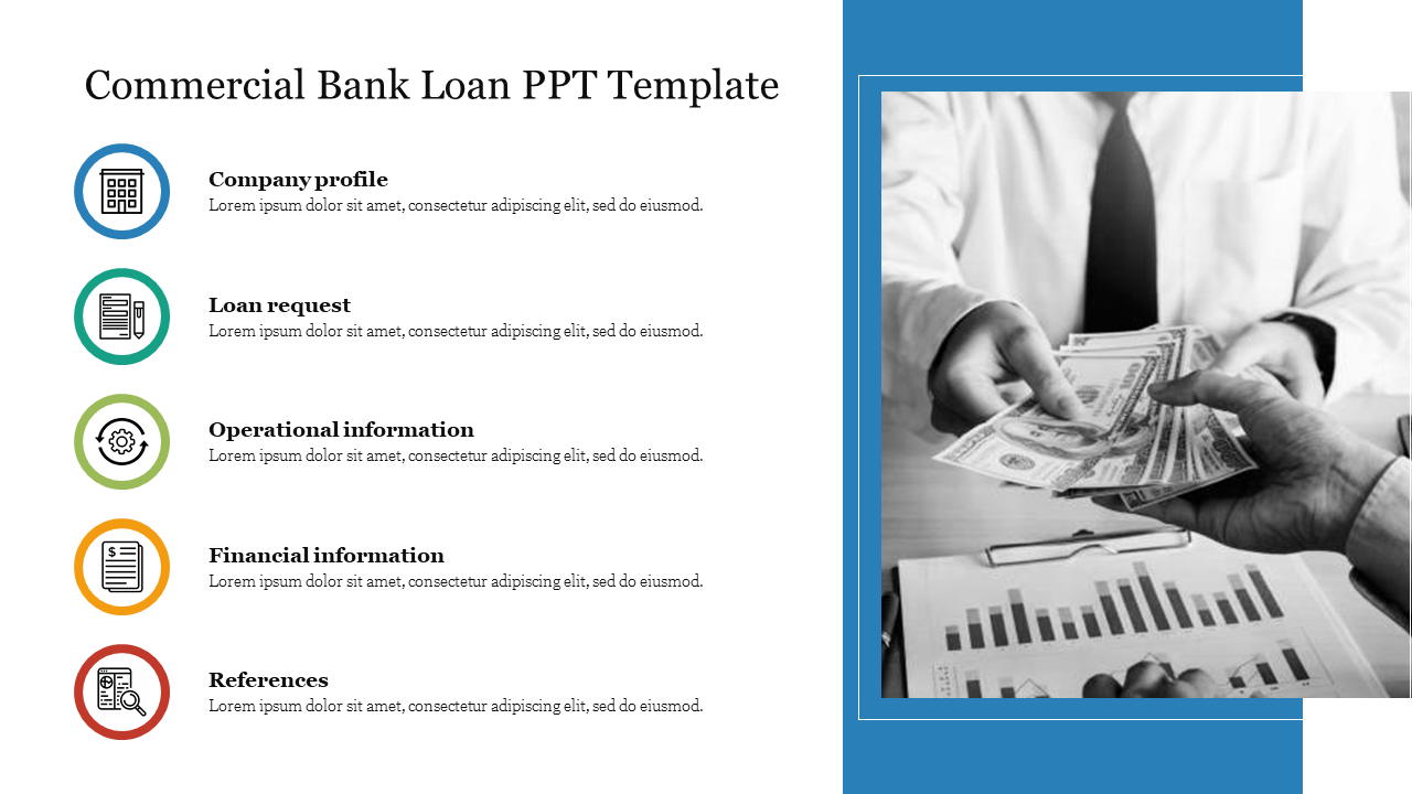 Slide showing a commercial bank loan template with five key elements and an image of a money transaction.