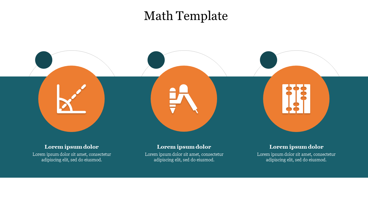 Math template with three circular icons: graph, tools, and abacus, displayed on a teal strip with placeholder text areas.