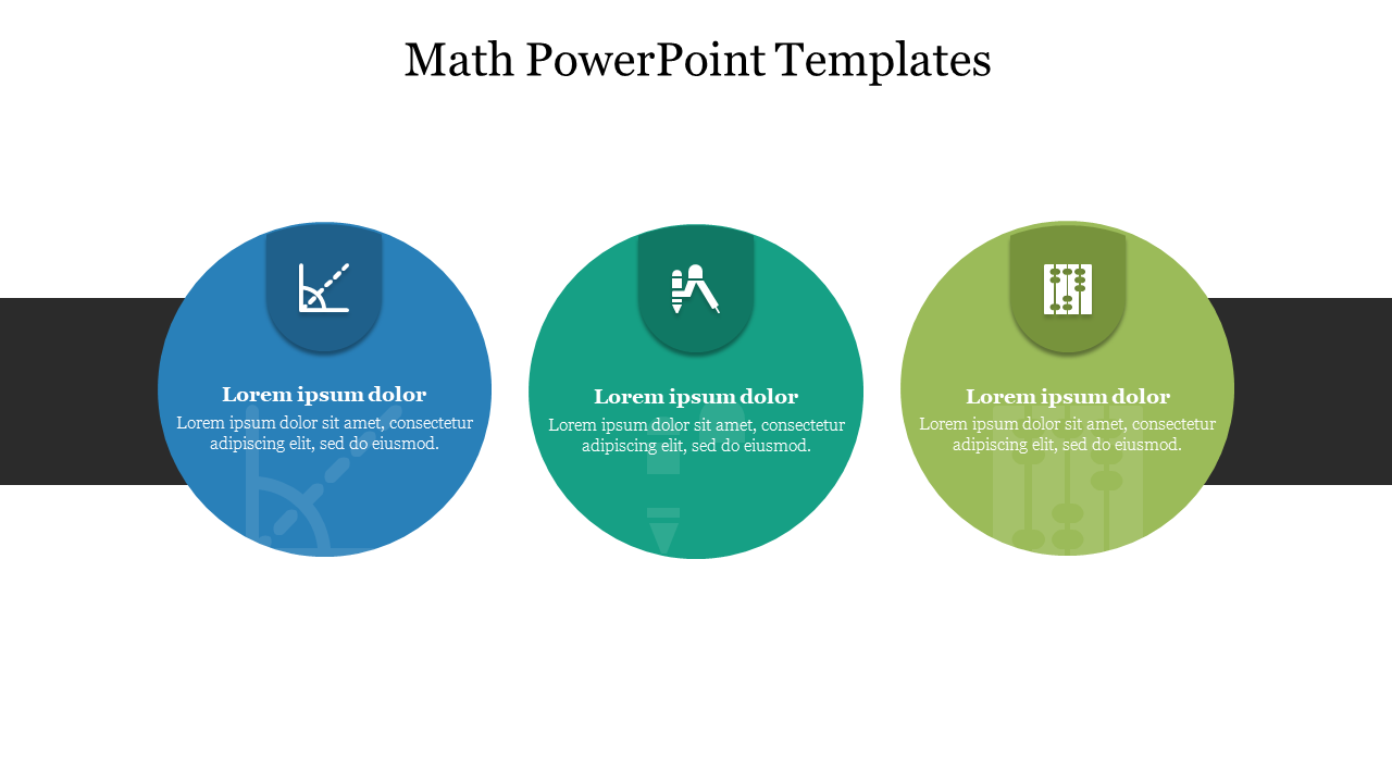 Math-themed slide with three colored circles, each containing icons of mathematical tools from a graph, up to  abacus.