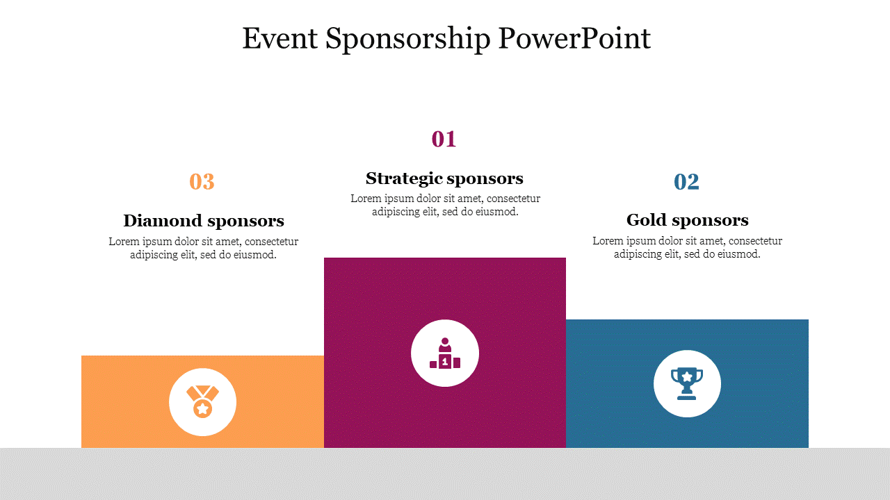 Three-tier sponsorship layout with icons for Diamond, Strategic, and Gold sponsors, each in separate colored blocks.