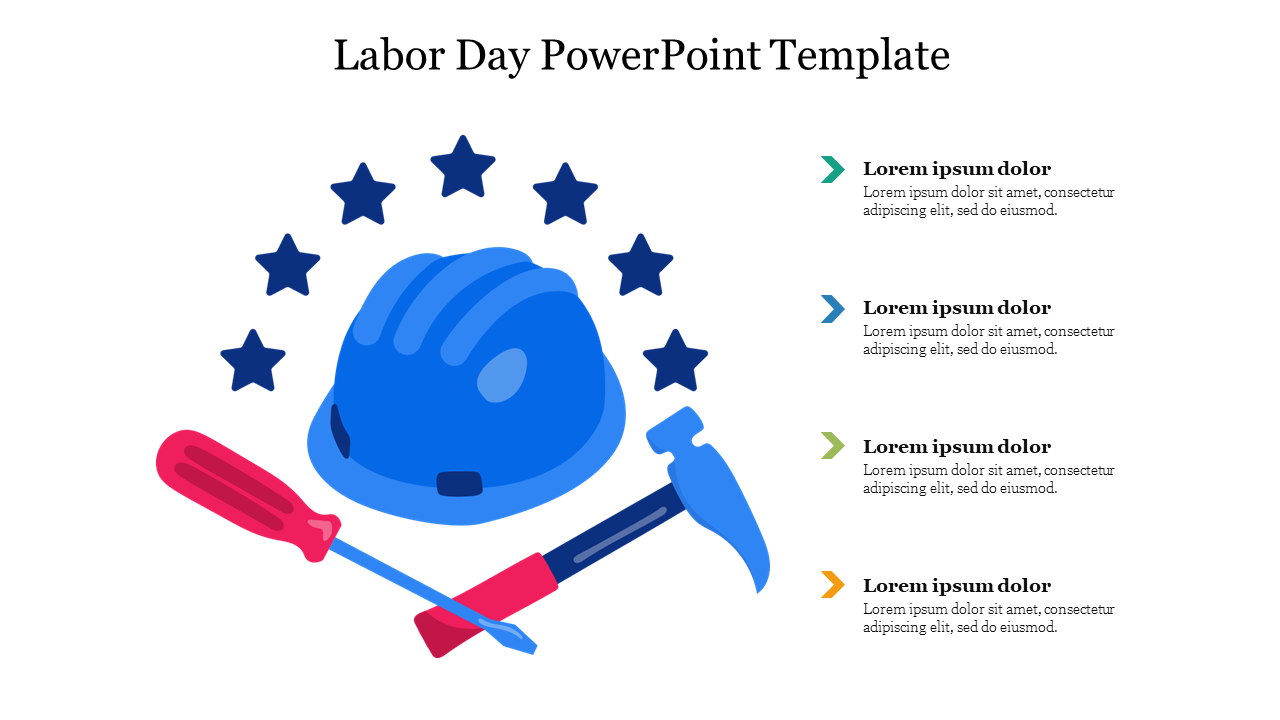 Colorful Labor Day themed PPT slide with a hard hat, hammer, and screwdriver, surrounded by stars with placeholder text.