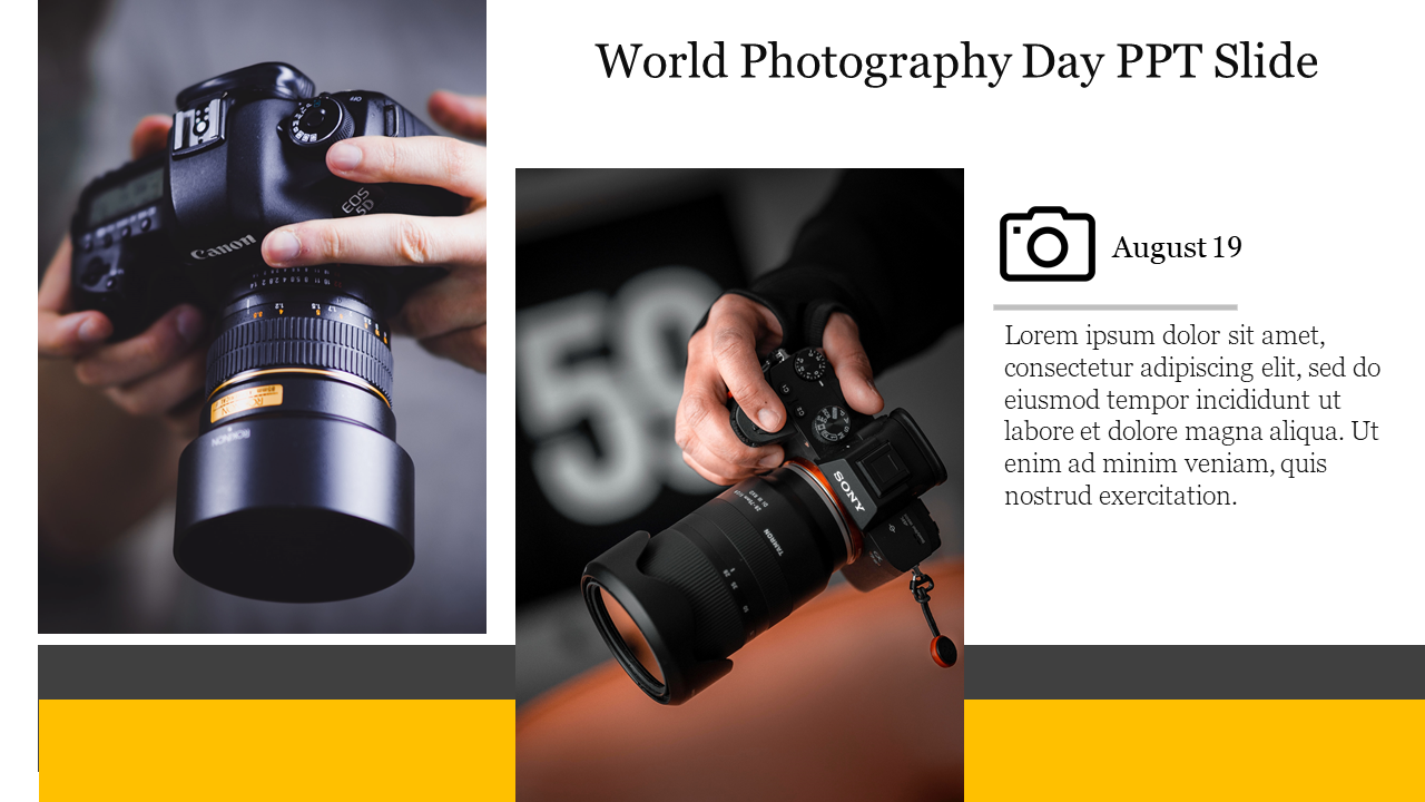 World Photography day slide with two close up images of cameras and a brief description of the day on August 19.