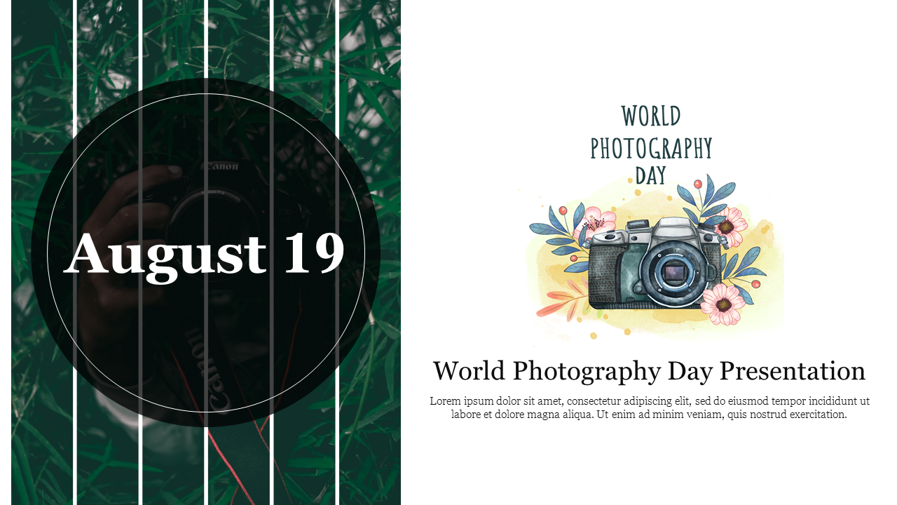 World Photography Day PowerPoint slide with a camera and flowers illustration alongside the date August 19 with text area.