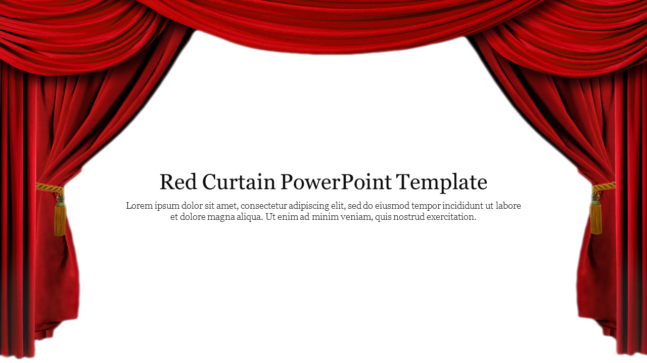 Elegant red curtains with gold tassels framing the title on a white background with text area.