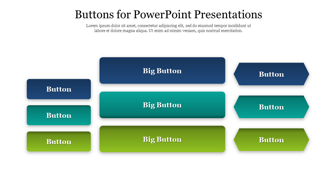 A collection of button designs for PowerPoint presentations, showcasing various sizes and colors for enhanced interactivity.