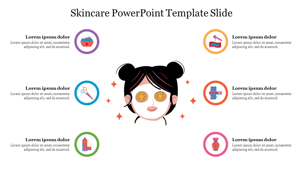 Illustration of a person with a face mask and cucumber slices on the eyes, surrounded by six circular skincare icons.