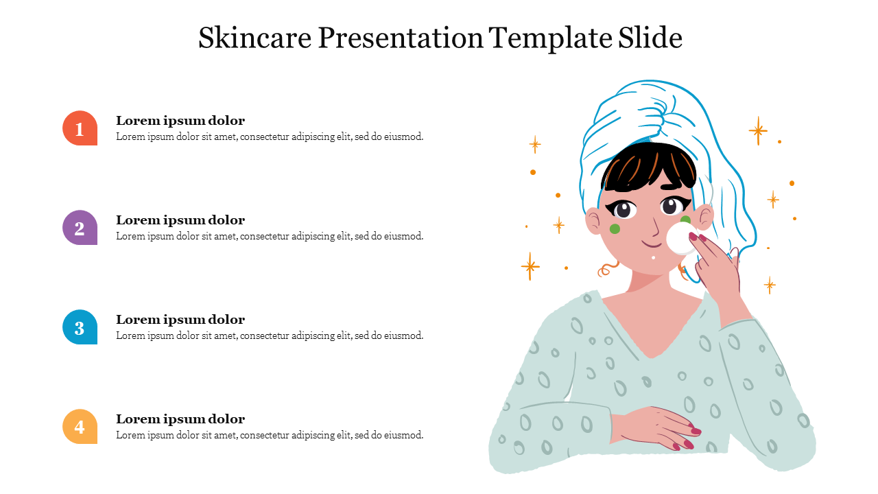 Illustration of a woman applying skincare with a towel on her head, alongside four colored numbered captions.