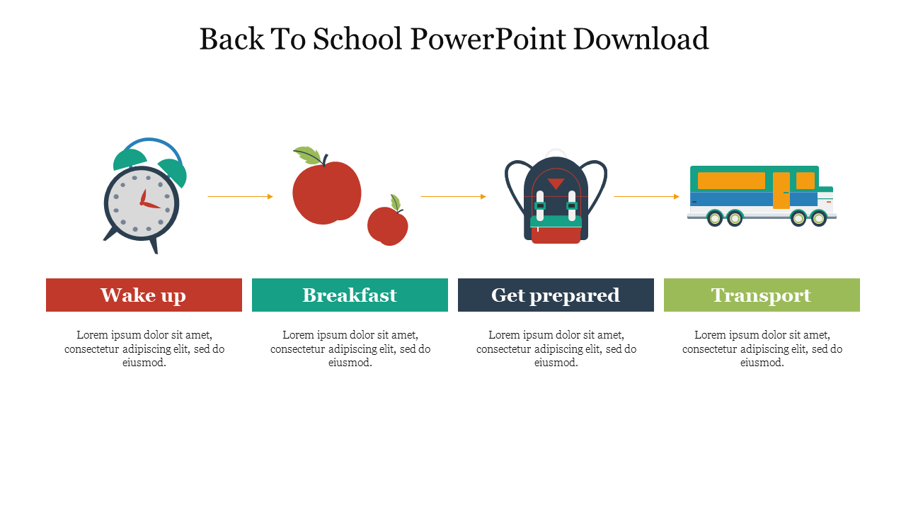 Back to school slide showing four steps with icons of clock, apple, backpack, and bus, with labels in colorful blocks.