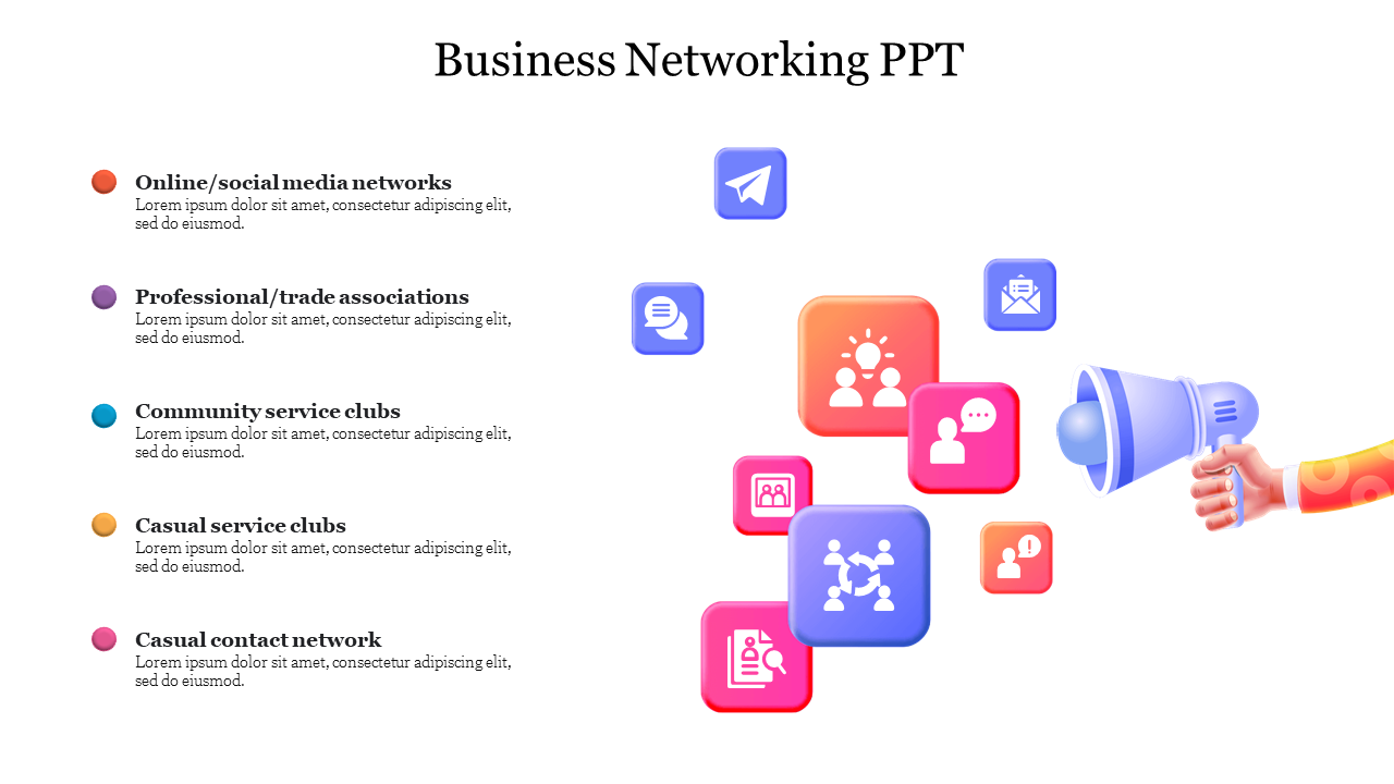 Business networking PPT presentation slide with colorful icons representing online, professional, and community networks.