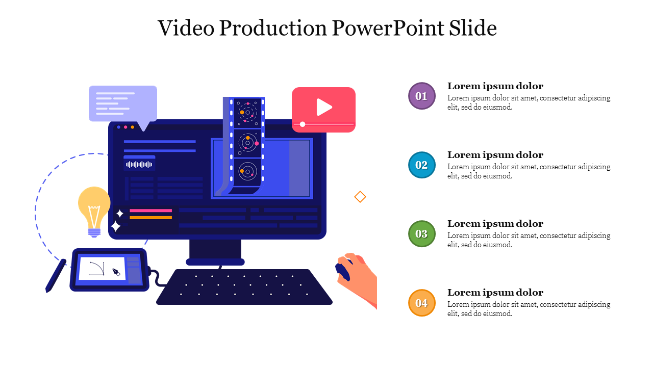 Video production slide featuring a computer screen with a video editing interface and icons for audio and editing tools.