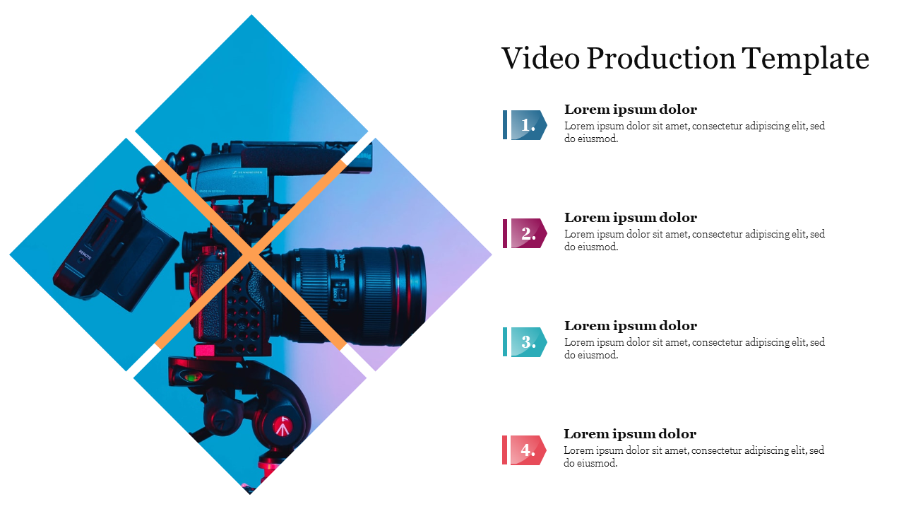 Video Production slide with a camera image and four numbered points with placeholder text.