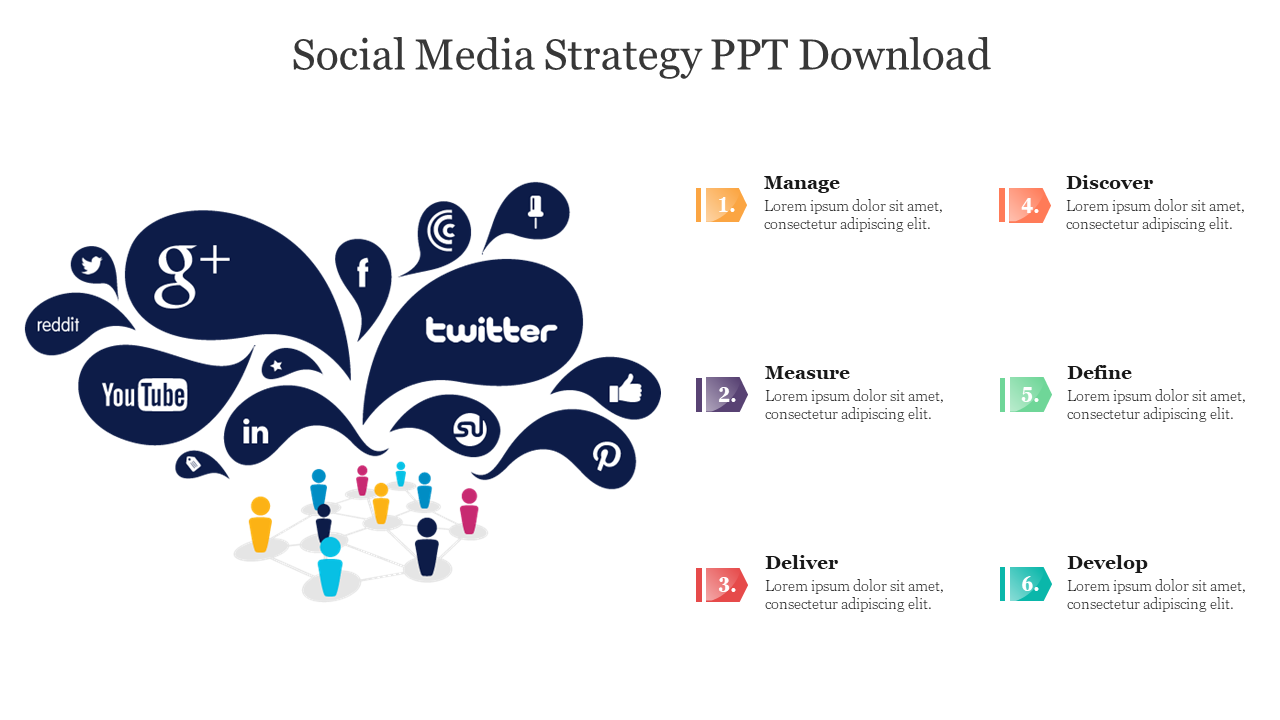 Slide with a network of social media logos in blue and colorful user icons, and six numbered captions on the right.