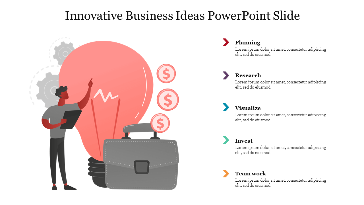 Slide with a person using tablet beside pink lightbulb, gears and coins and five text areas, illustrating business ideas.