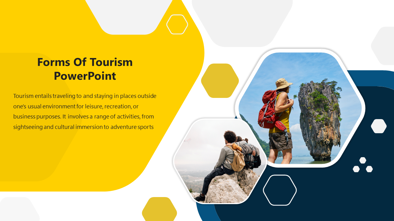 Two hexagonal images of tourists hiking on the right, with a yellow section on the left containing text.